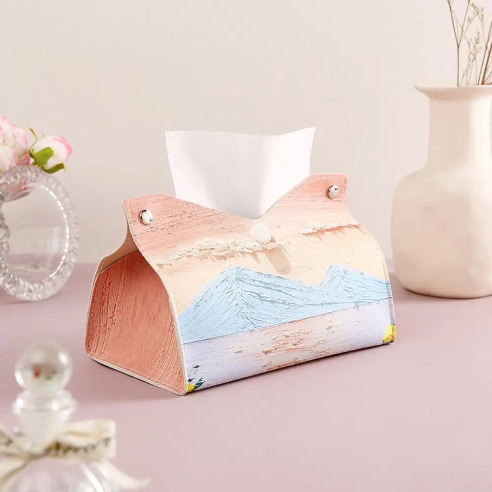 Aesthetic Leather Pink Tissue Case Large Storage Oil Painting Paper Towel Box Creative Durable Napkin Holder Home